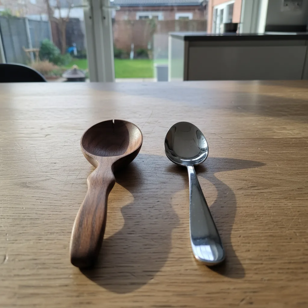 Cuchara de madera hecha a mano junto a una elegante cuchara de metal minimalista.