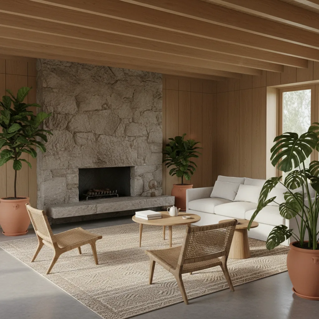 Sala de estar minimalista con ricas texturas naturales.
