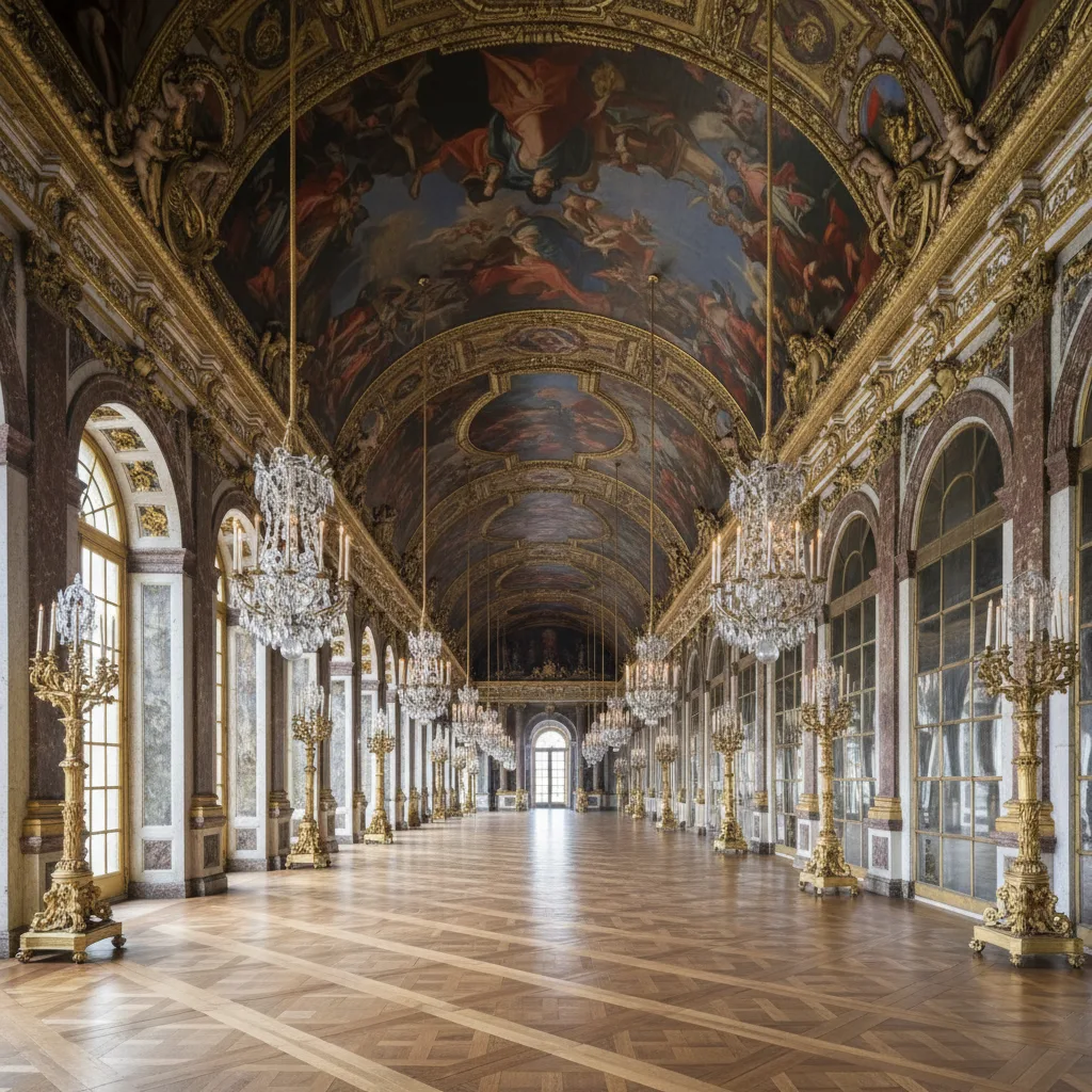 Opulenta Sala degli Specchi barocca, dorata e affrescata.