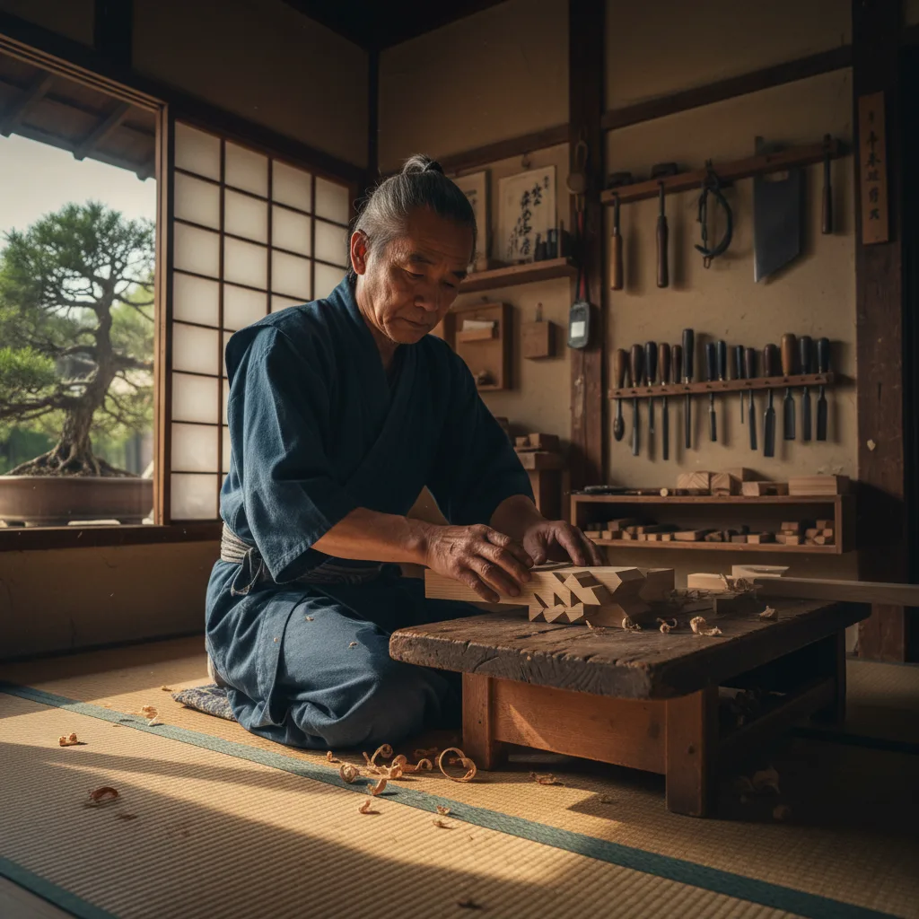 Artigiano giapponese che realizza intricati incastri tradizionali in legno.