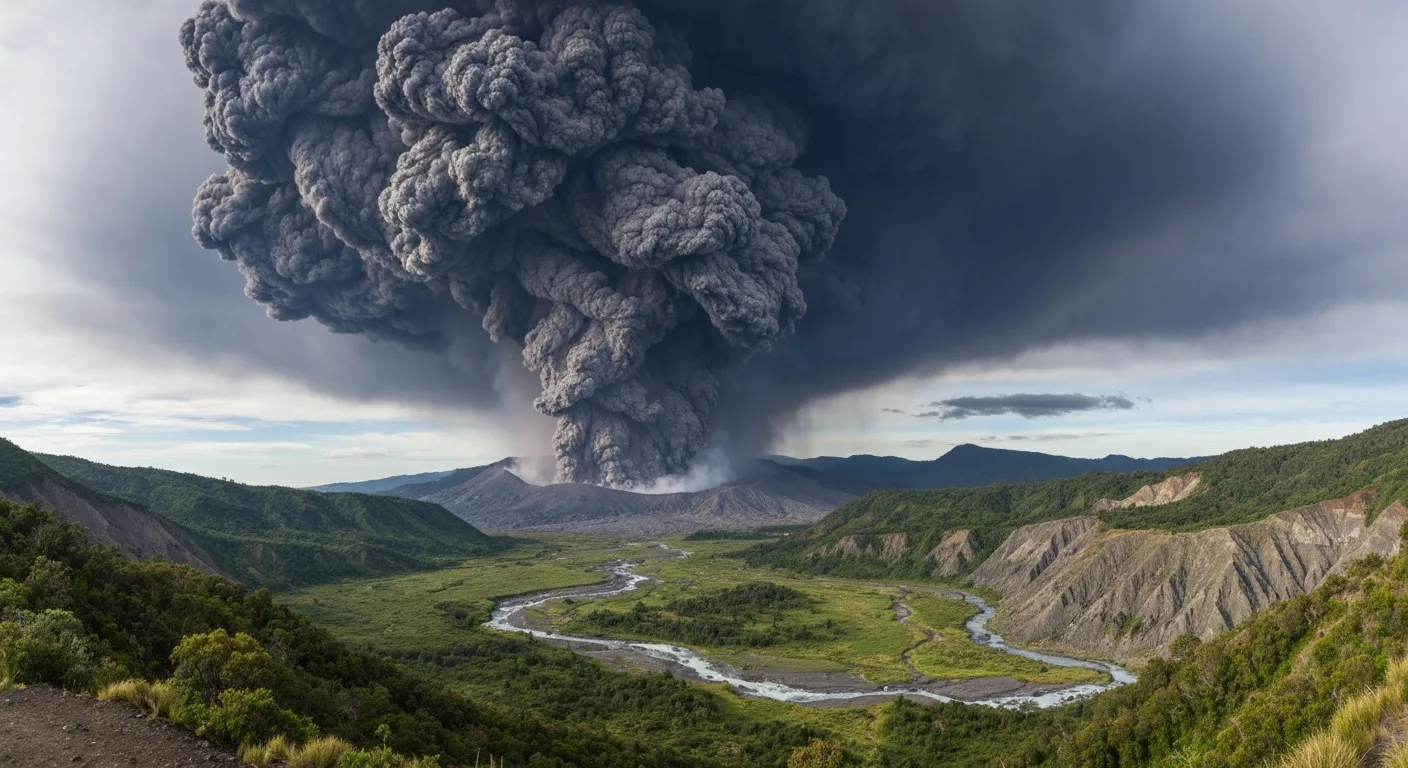 Panache de cendres imposant d'une violente éruption de stratovolcan.