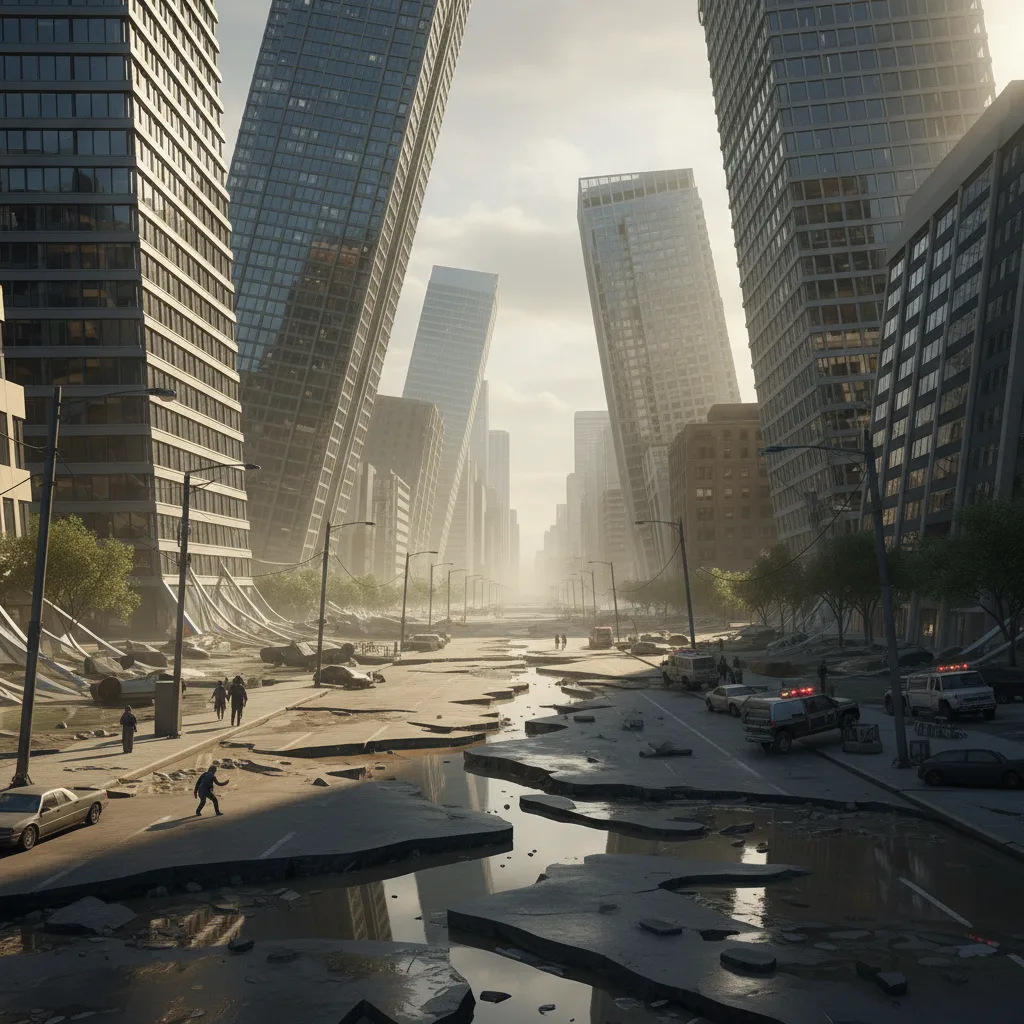Bâtiments inclinés et sol fissuré suite à la liquéfaction.