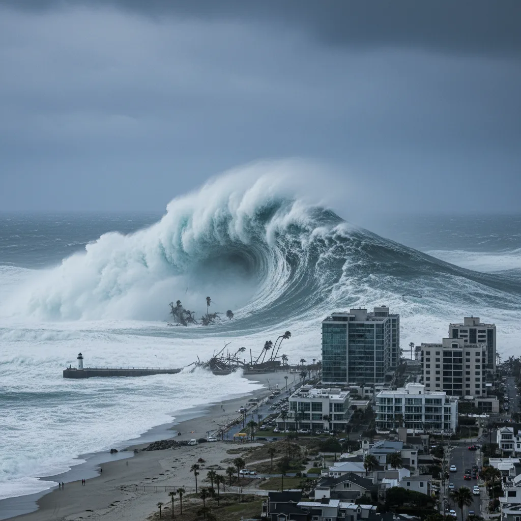Vague de tsunami gigantesque engloutissant une ville côtière.