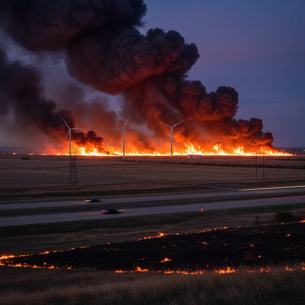 La prateria del Nebraska avvolta da un massiccio incendio boschivo, pennacchi di fumo, bagliore arancione.
