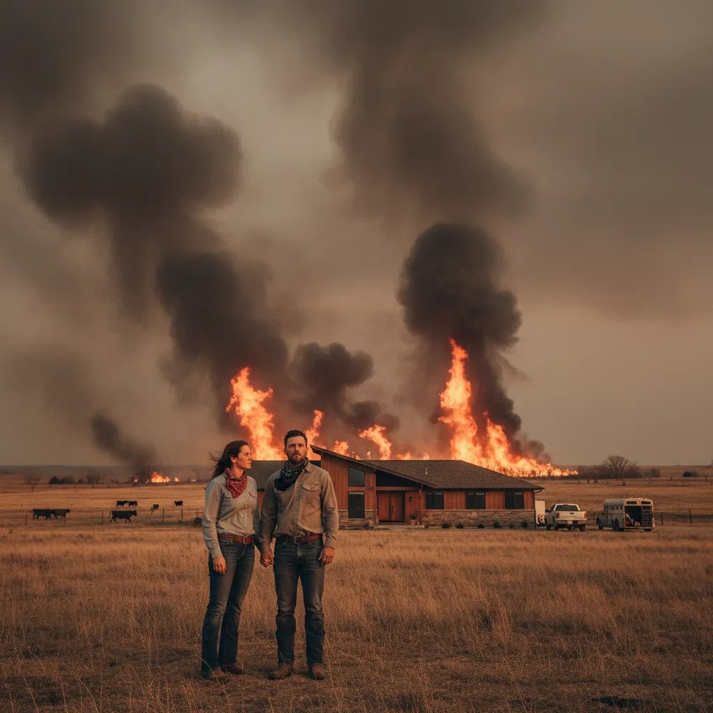 Gli allevatori osservano con orrore l'avvicinarsi del Bovee Fire alla loro casa in Nebraska.
