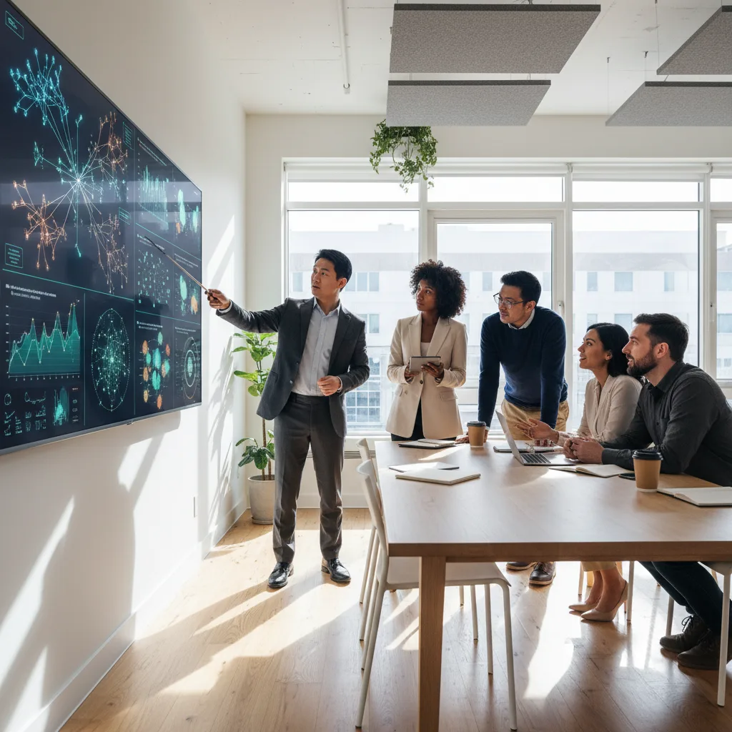 Professionisti che collaborano, analizzando dati complessi in un ufficio moderno.