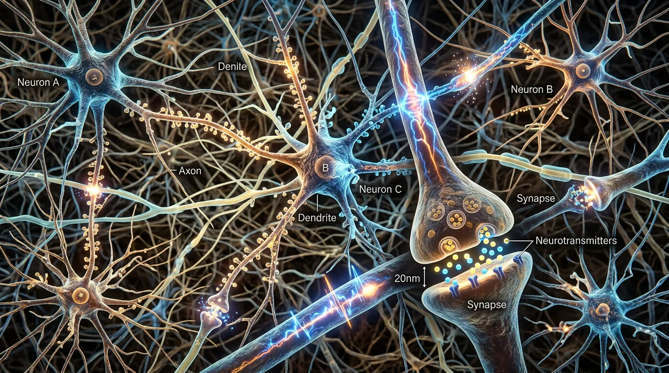 Visione microscopica di neuroni che comunicano tramite segnali elettrochimici.