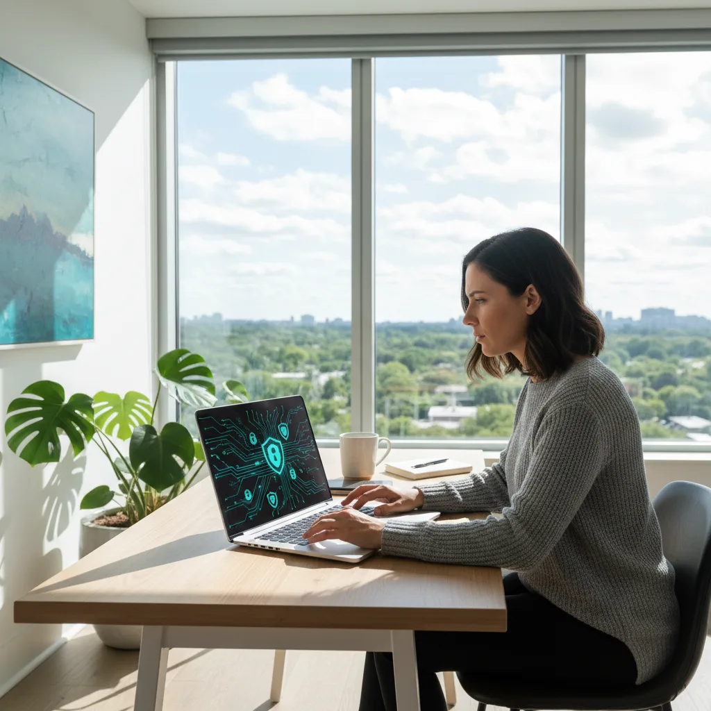 Lavoro remoto sicuro, protezione dei dati sensibili con cybersecurity avanzata.