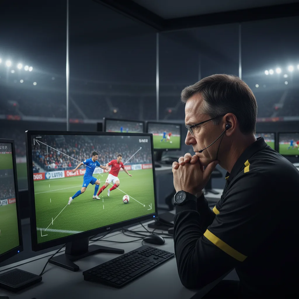 Árbitro de fútbol revisando una jugada polémica en una pantalla VAR.