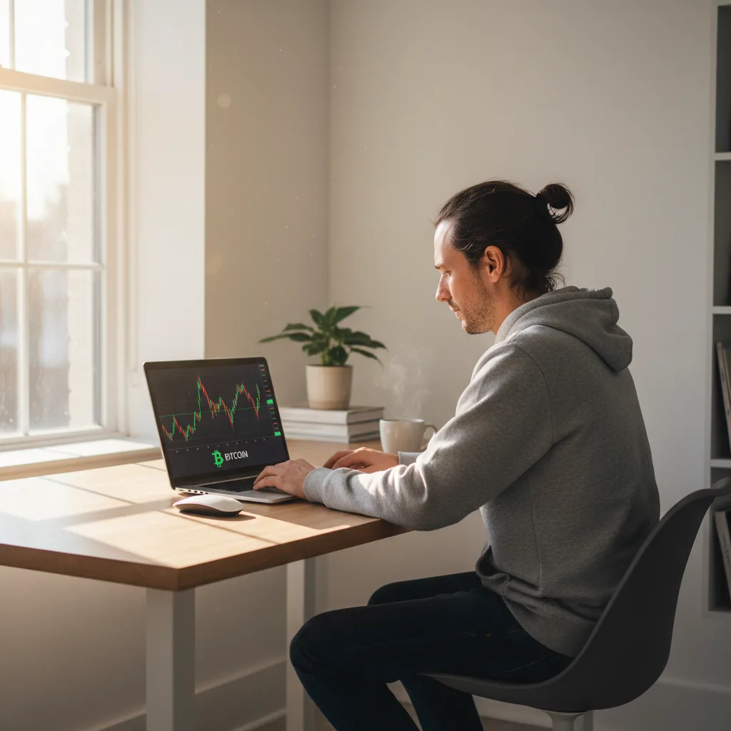Personne travaillant à distance sur un ordinateur portable, symboles crypto à l'écran.