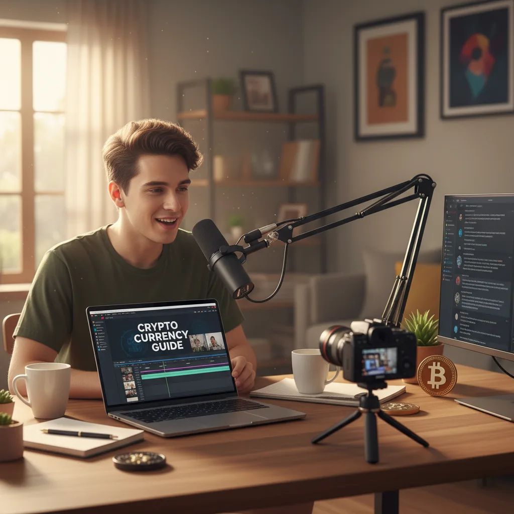 Créateur produisant du contenu crypto, ordinateur portable, microphone, appareil photo.
