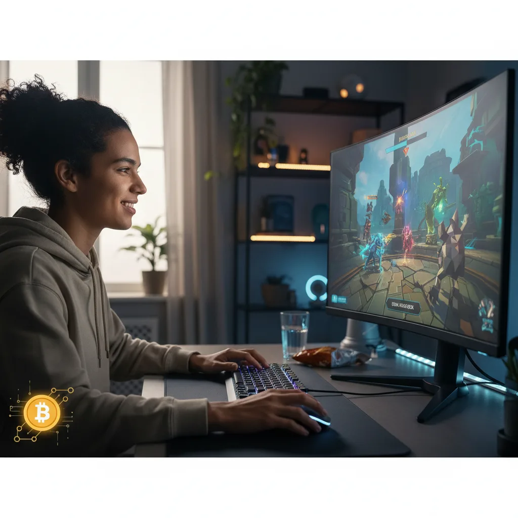 Jeune personne jouant à un jeu blockchain, gagnant des actifs numériques.