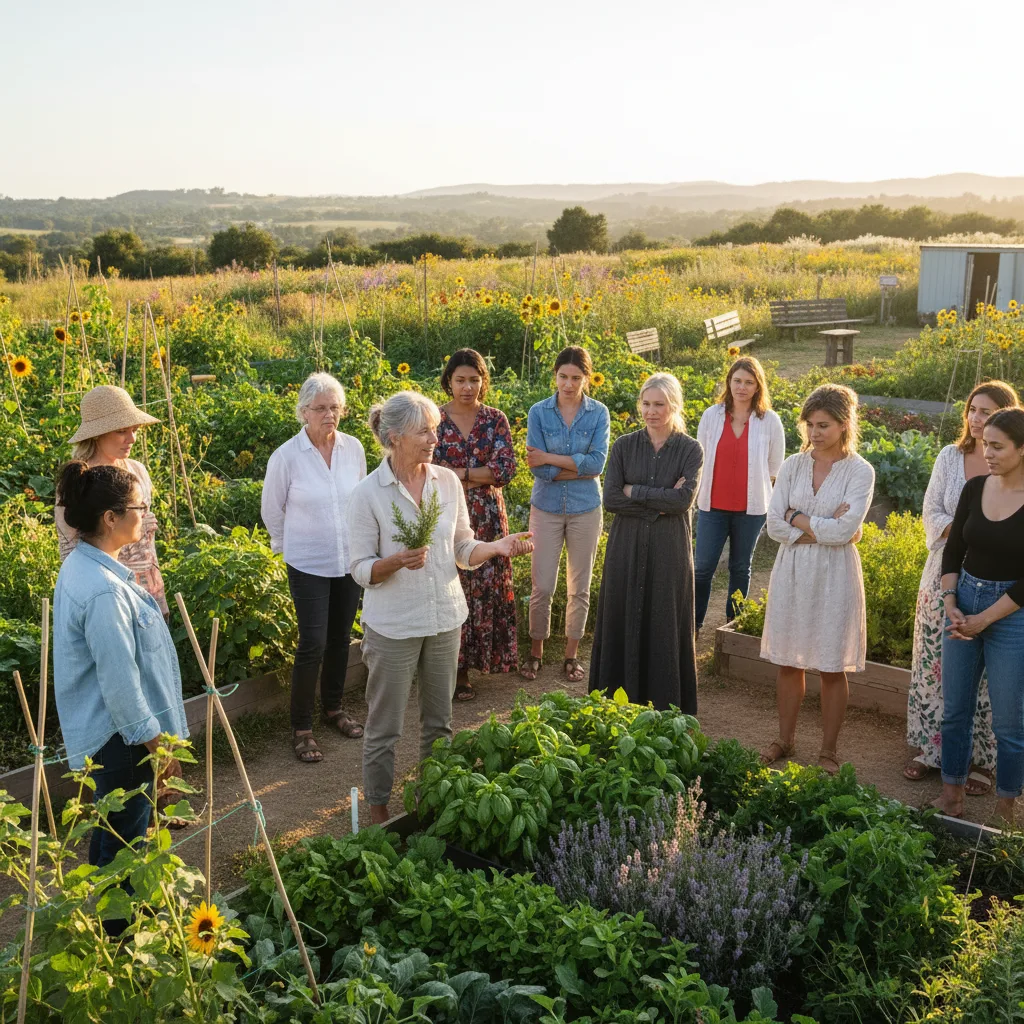 Mujer moderna que combina la sabiduría tradicional con la salud comunitaria y la naturaleza.