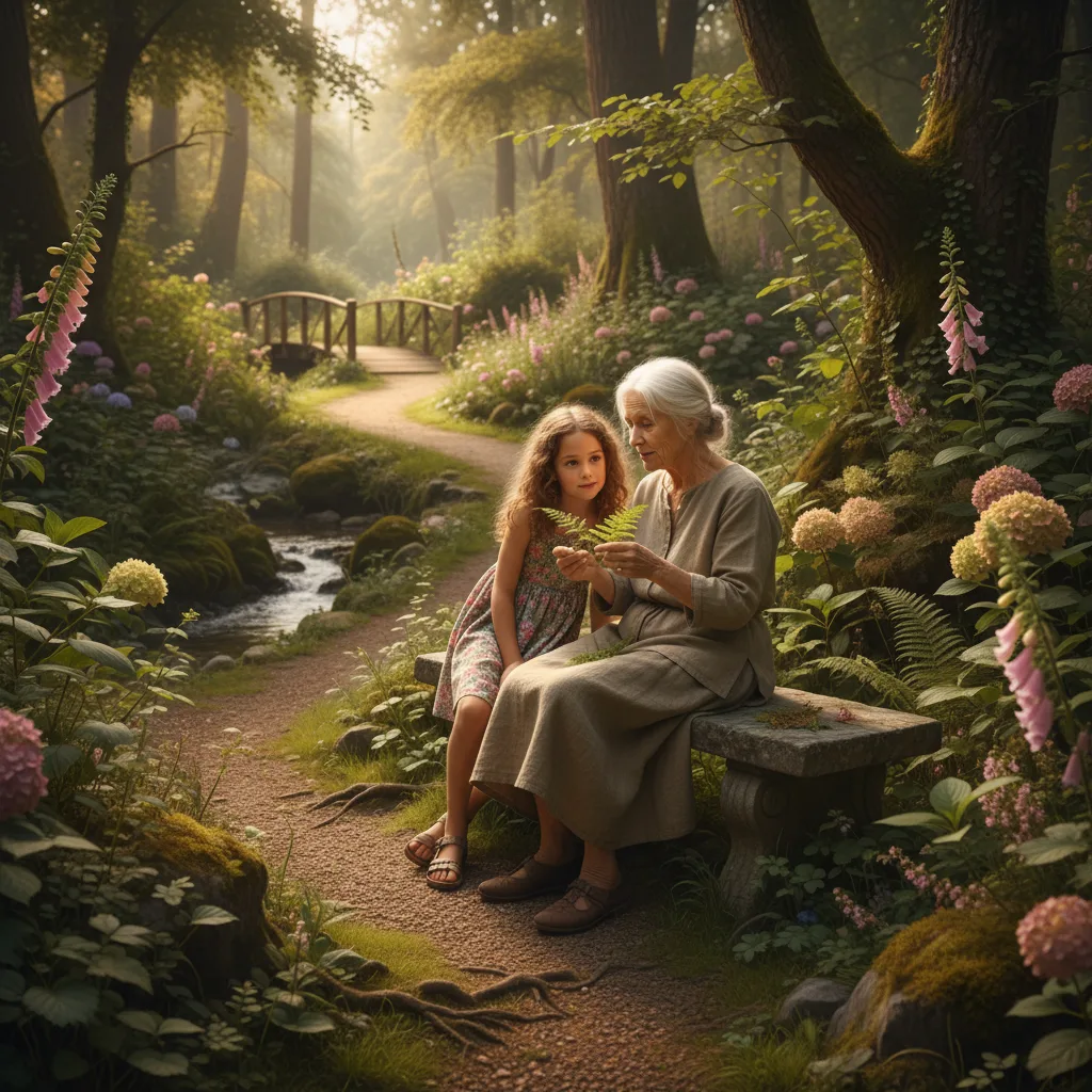 Abuela compartiendo conocimiento tradicional con una niña en la naturaleza.