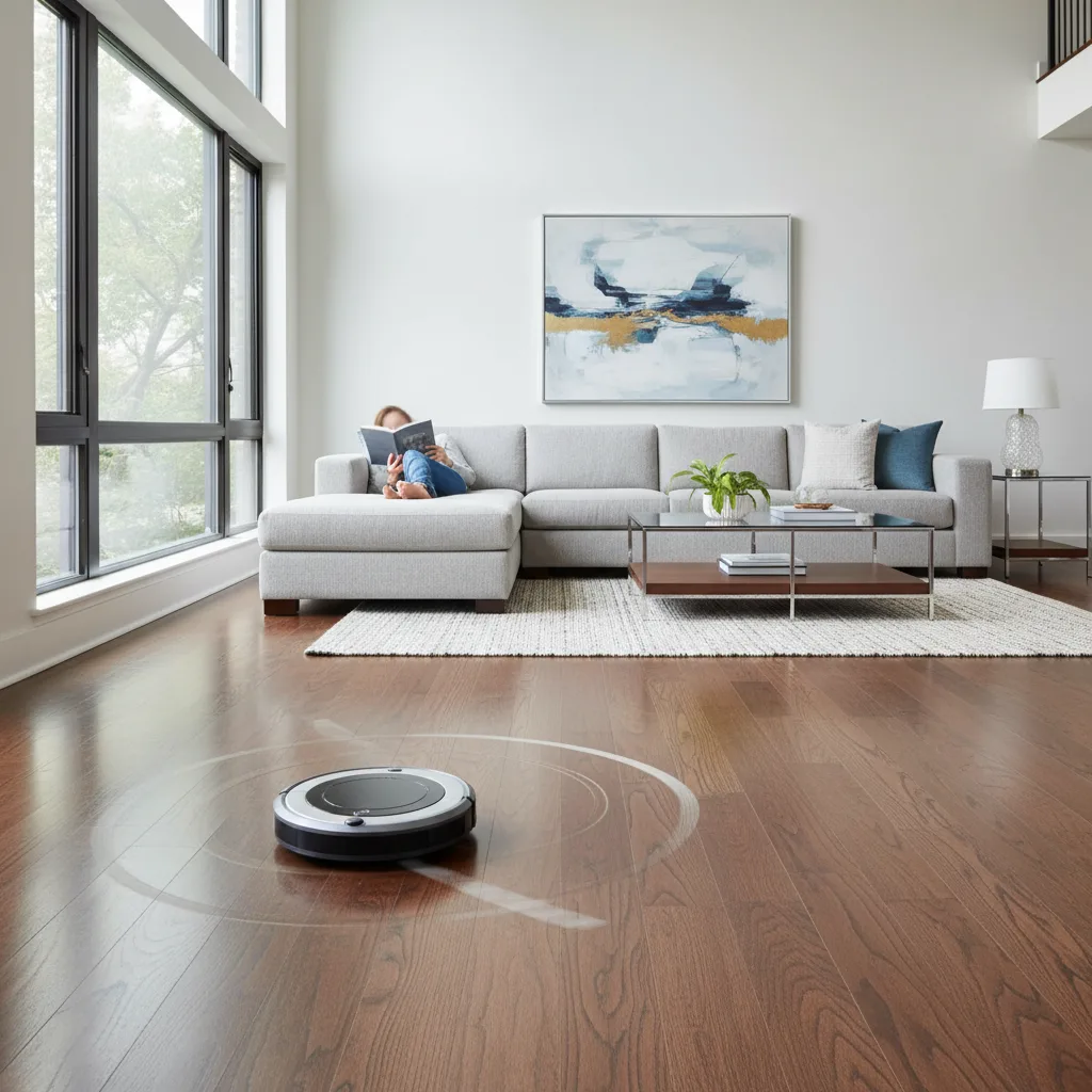 Un aspirateur robot nettoyant le sol d'un salon moderne.