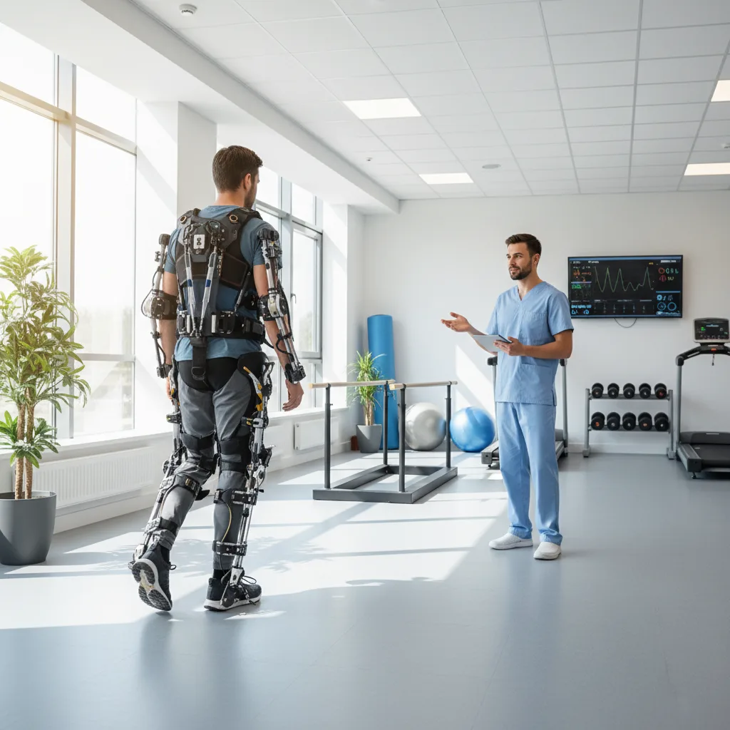 Patient utilisant un exosquelette robotique pour une thérapie de rééducation.