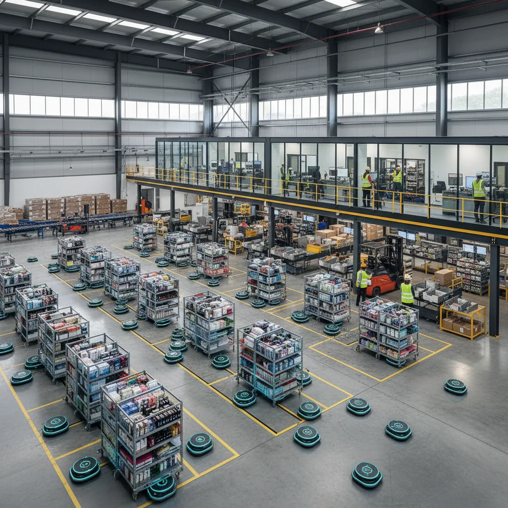 Robots autonomes déplaçant des étagères dans un grand entrepôt de commerce électronique.