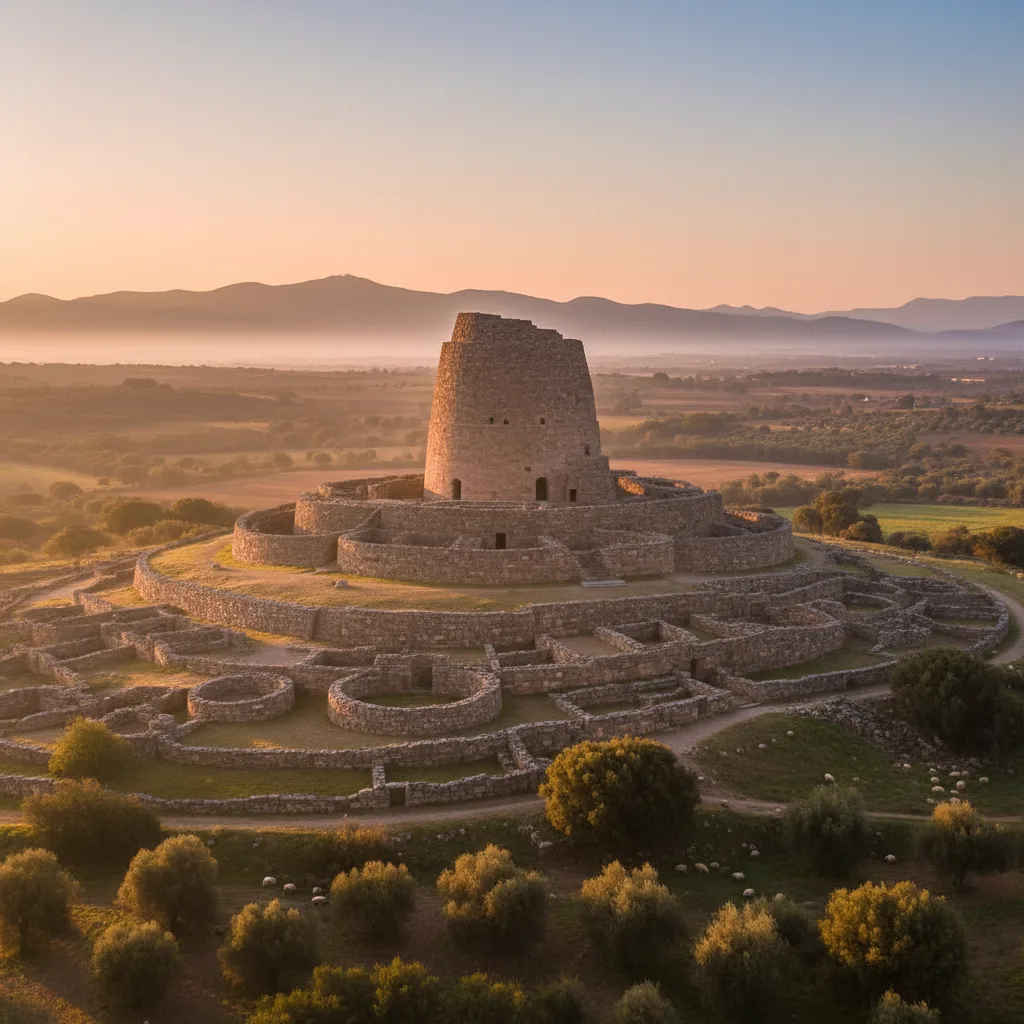 Antiche torri nuragiche di pietra si ergono maestose sotto un cielo sereno della Sardegna.