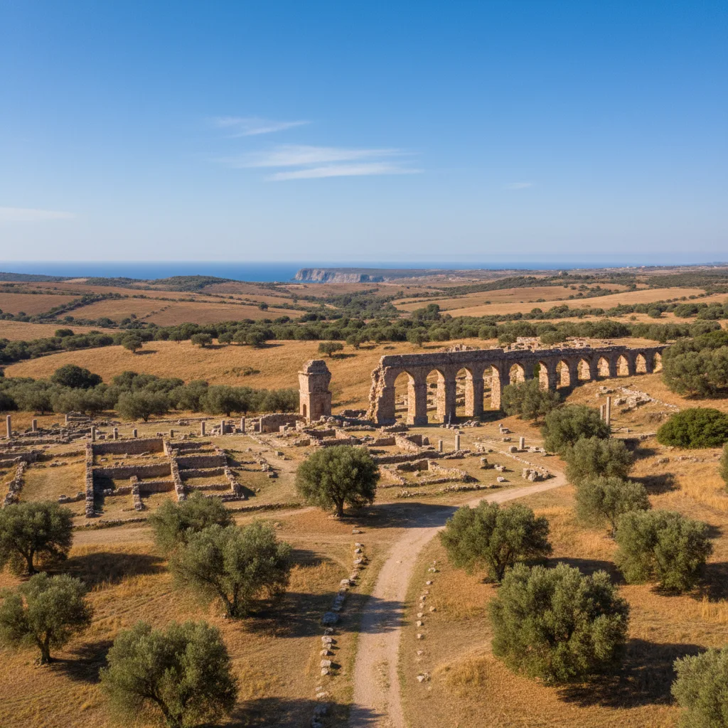 Antico acquedotto e rovine romane nel paesaggio della Sardegna.