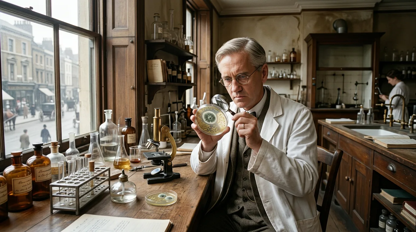Alexander Fleming observant la moisissure de la pénicilline dans une boîte de Pétri.
