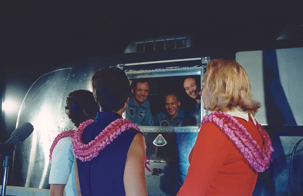 After their historic moon landing, Apollo 11 astronauts Neil Armstrong, Buzz Aldrin, and Michael Col