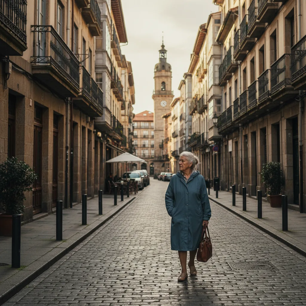 Donna anziana che cammina con cautela in una tranquilla strada di Santander.