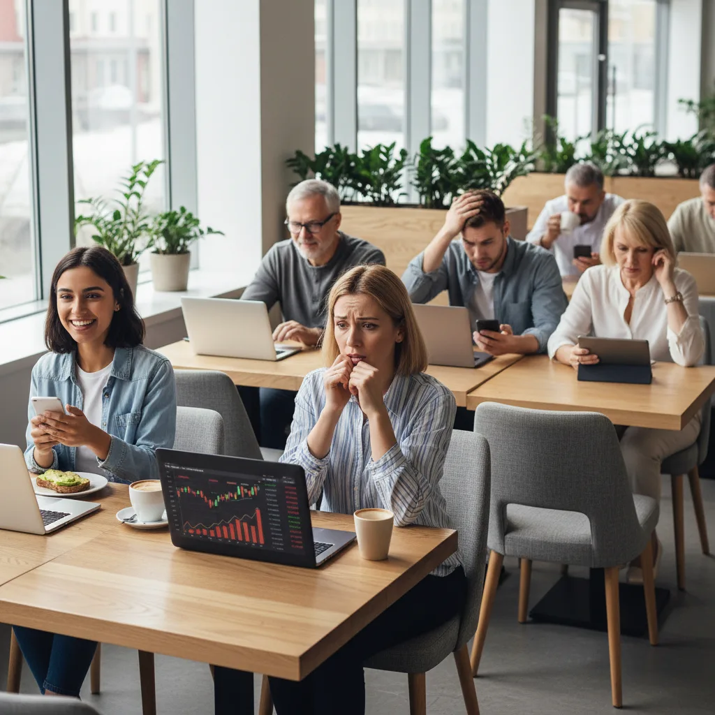 Diverses personnes réagissant aux nouvelles financières sur des téléphones et des ordinateurs portables.