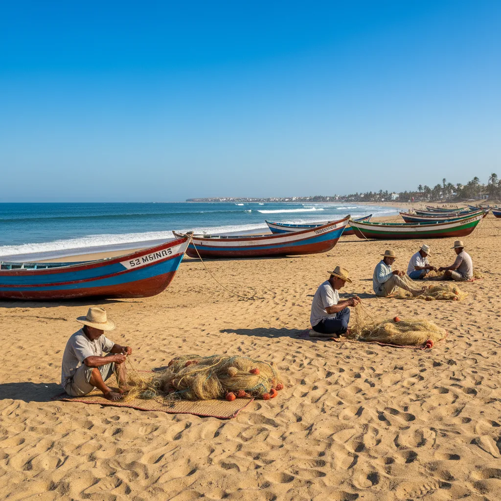 Peruvian fishermen on Máncora beach, Pacific Ocean, traditional boats.