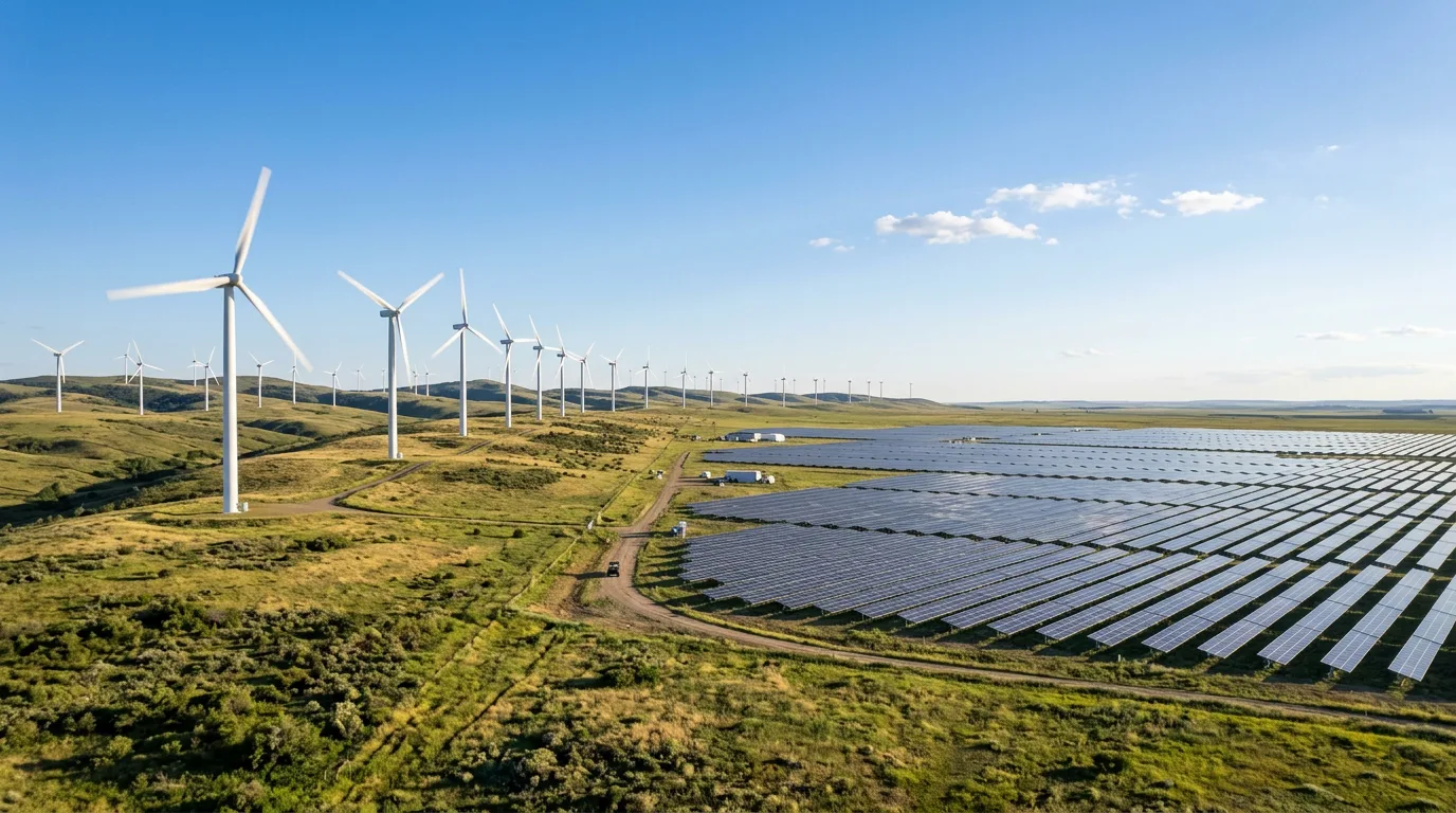 Turbine eoliche e pannelli solari simboleggiano l'investimento in energia sostenibile.