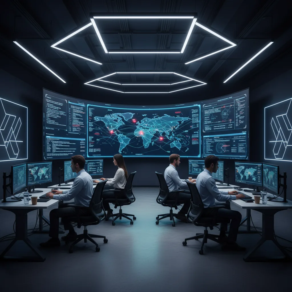 Professionisti della cybersecurity monitorano più schermi in una sala di controllo sicura.