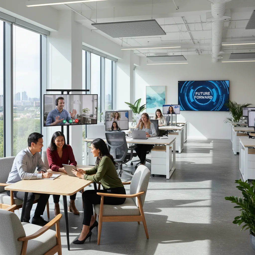 Professionisti diversi che collaborano in un ambiente di lavoro ibrido moderno e flessibile.