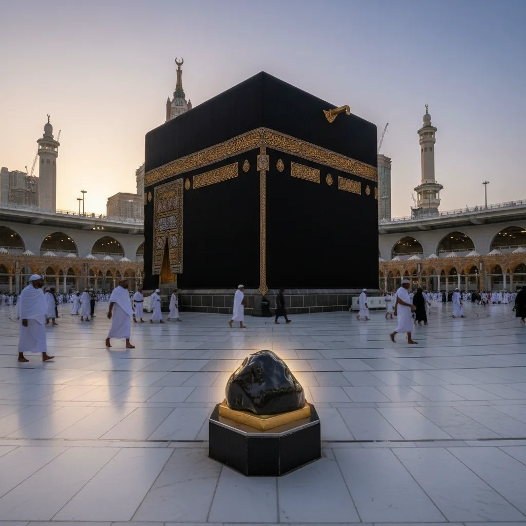 La Kaaba à La Mecque, avec le coin de la Pierre Noire visible.