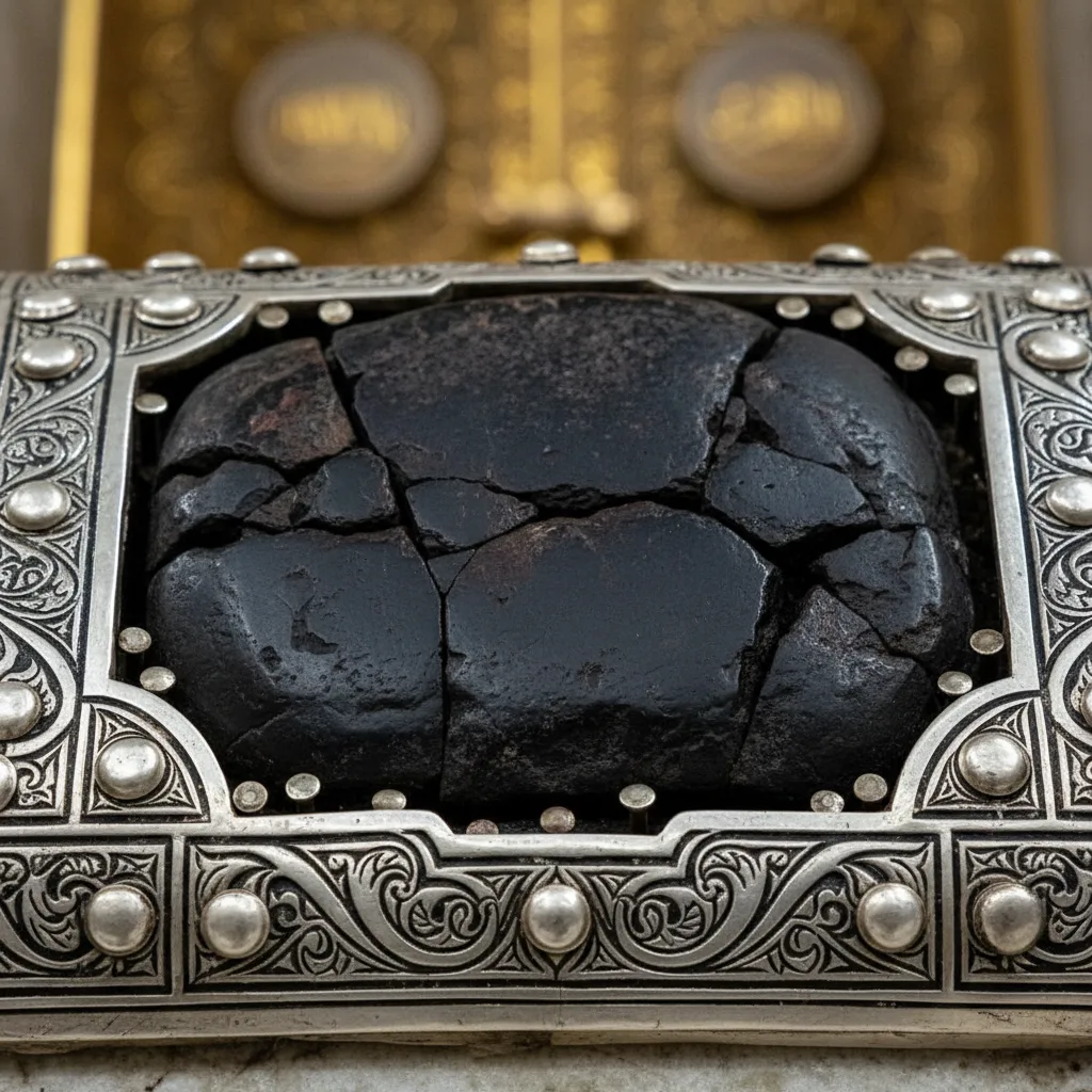 Gros plan de la Pierre Noire, encastrée dans son cadre en argent.