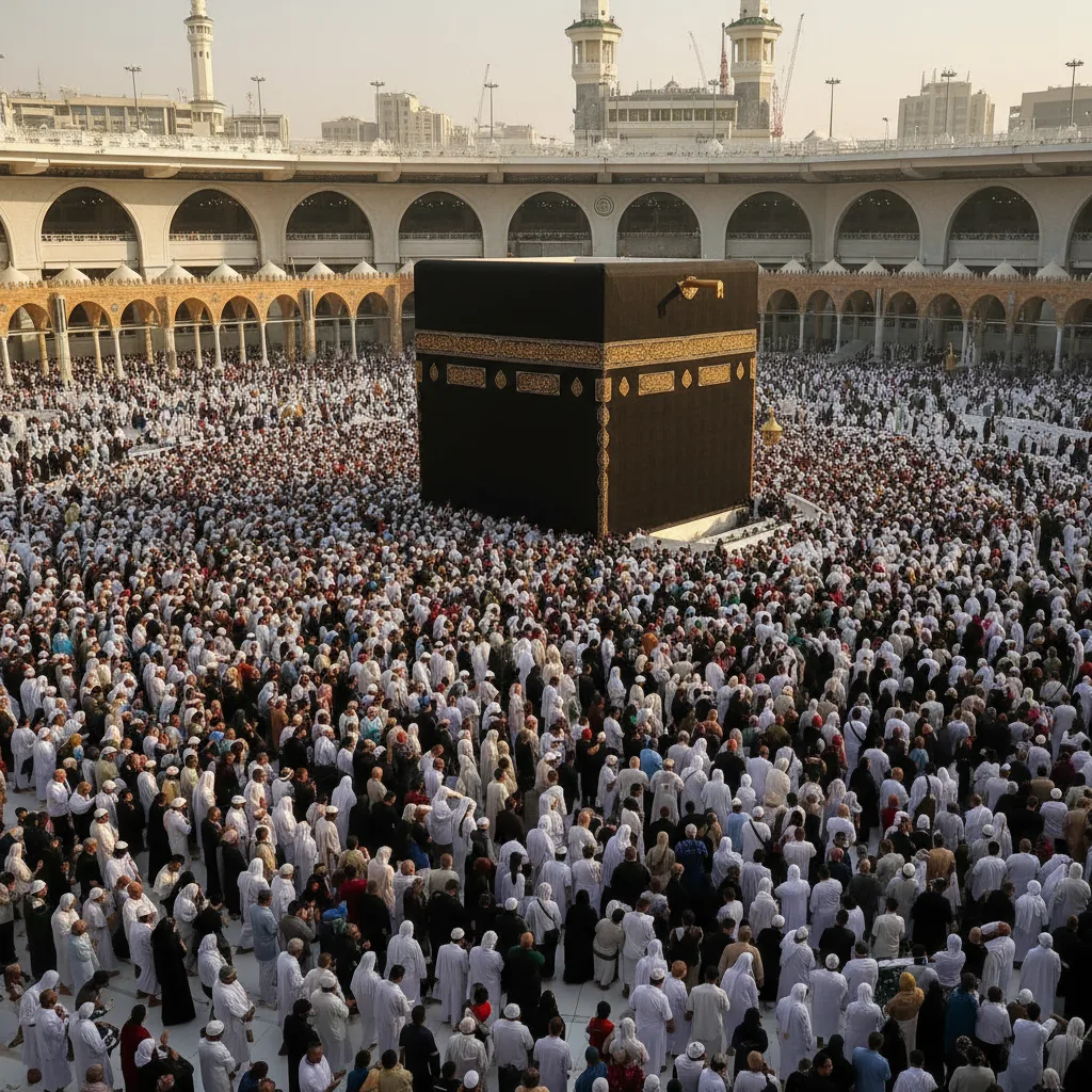 Pèlerins effectuant le tawaf autour de la Kaaba, certains tendant la main vers la Pierre Noire.