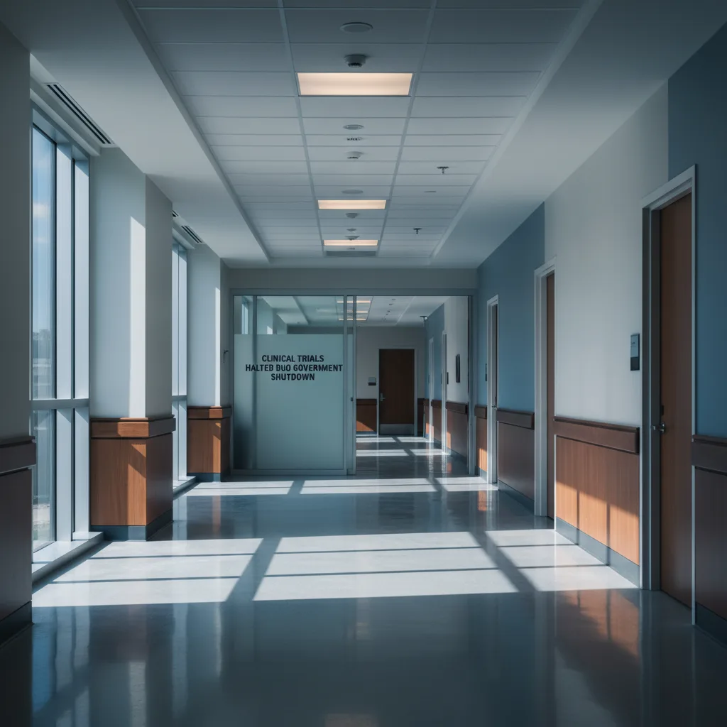 Corridoio d'ospedale vuoto, cartello su studi clinici interrotti.