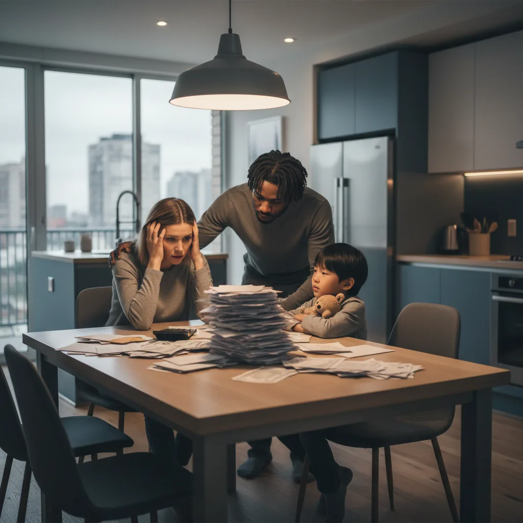 Una famiglia appare stressata per le bollette durante una chiusura del governo.