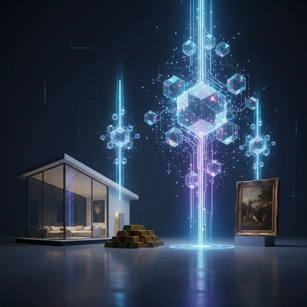 Real-world assets like property and gold transforming into digital tokens.