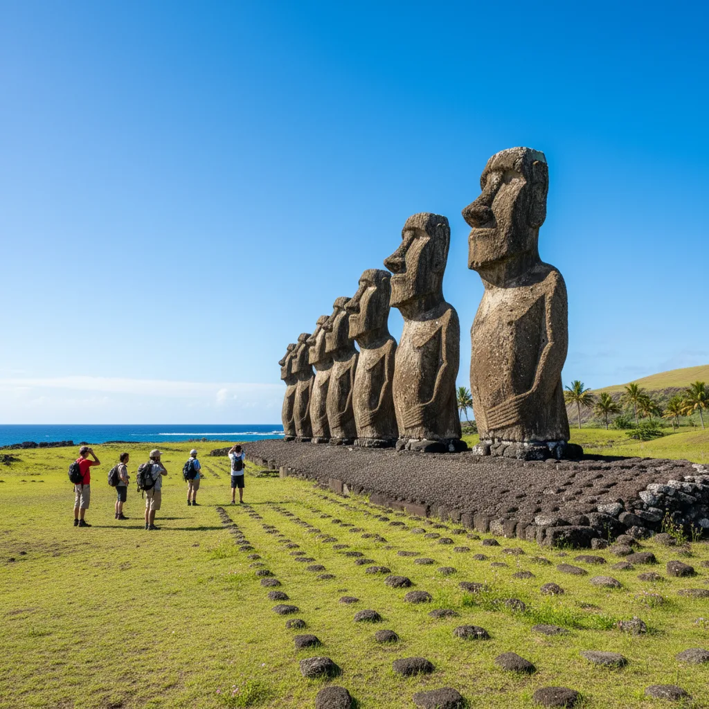 Estatuas colosales de Moai miran hacia el interior en la Isla de Pascua.