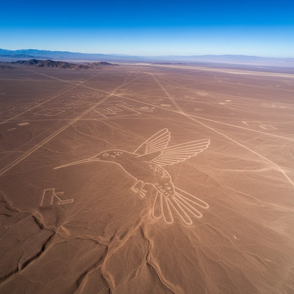 Vista aérea del geoglifo del colibrí de las Líneas de Nazca.
