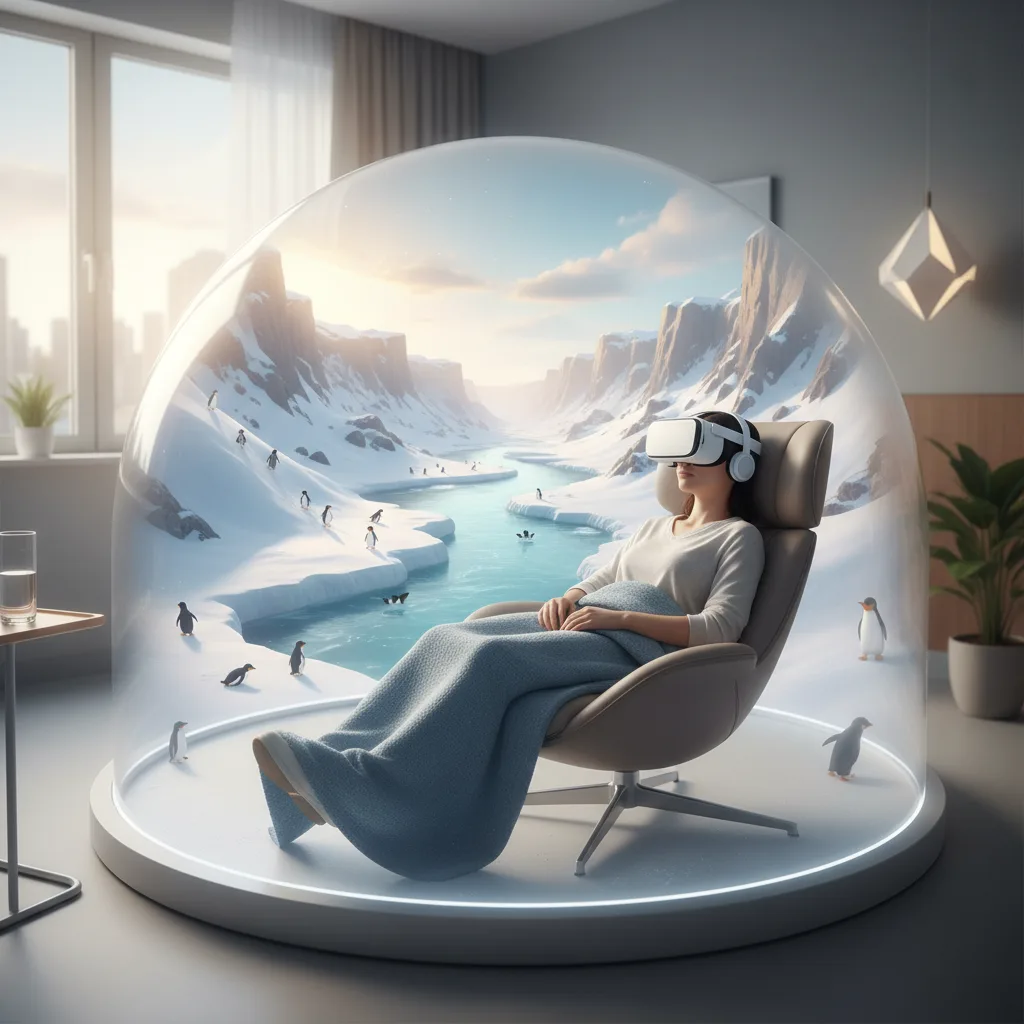 Paziente usa visore VR, immerso in un paesaggio virtuale innevato per alleviare il dolore.