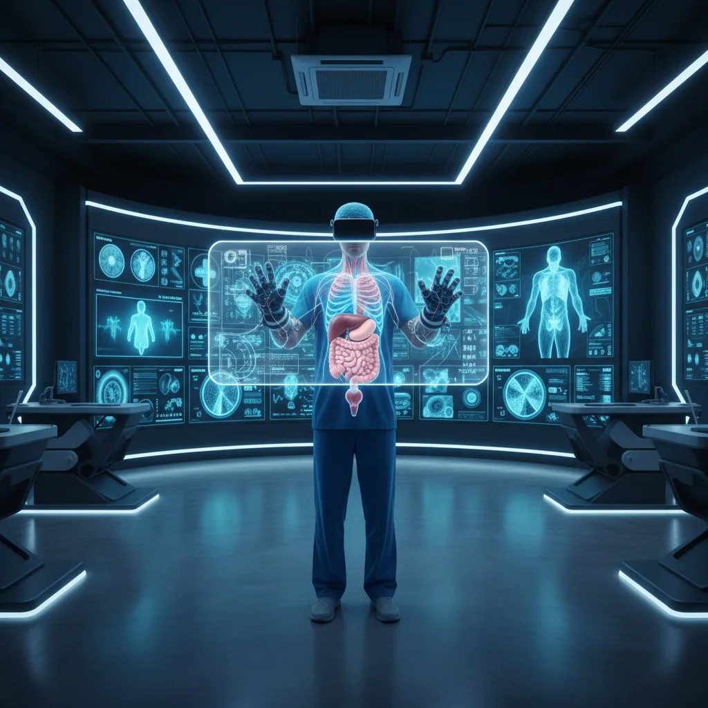 Chirurgo pratica procedura complessa usando simulazione VR con feedback aptico.