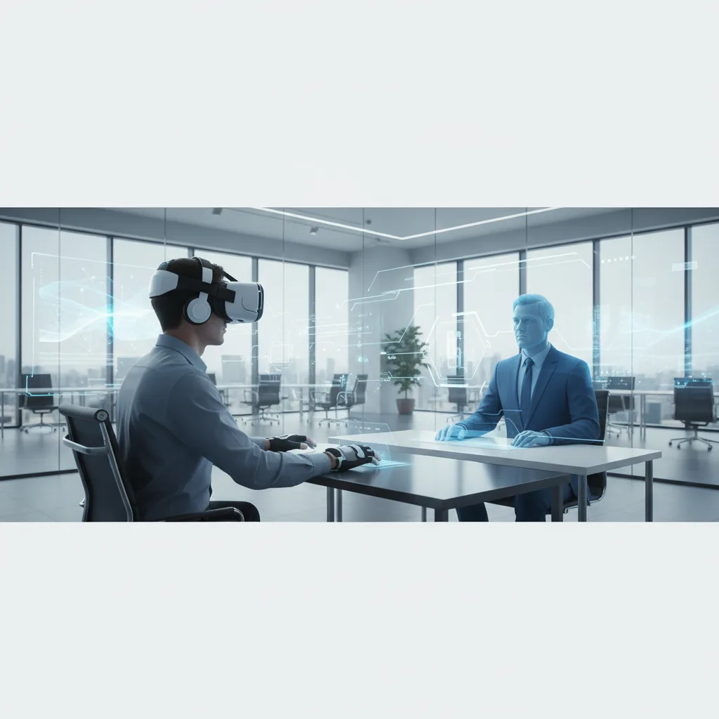 Persona con visore VR che pratica abilità sociali con avatar virtuali.