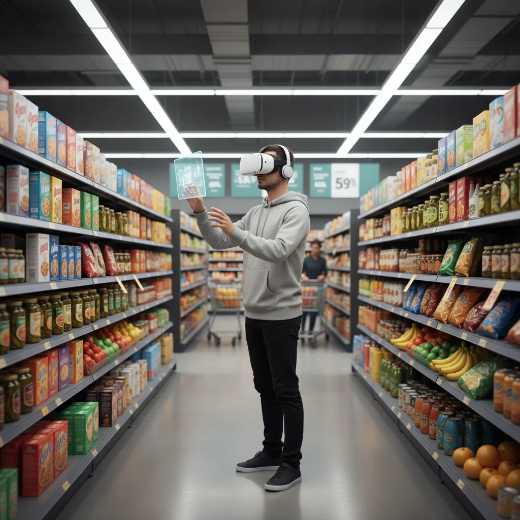 Individuo con visore VR che naviga in una corsia virtuale di un supermercato.