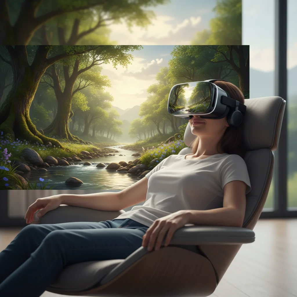Persona che sperimenta una scena naturale virtuale rilassante con un visore VR.