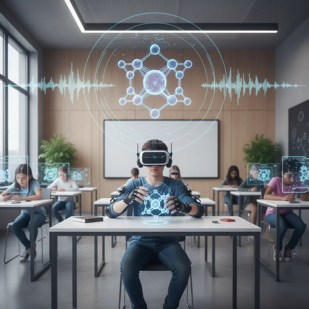 Étudiant déficient visuel explorant un laboratoire scientifique virtuel à l'aide de la RV.