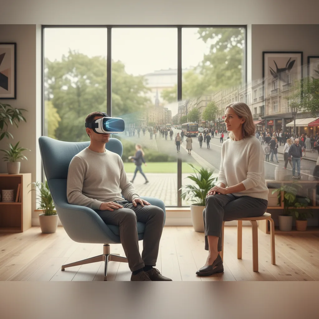 Personne déficiente visuelle utilisant la RV pour la gestion de l'anxiété avec un thérapeute.