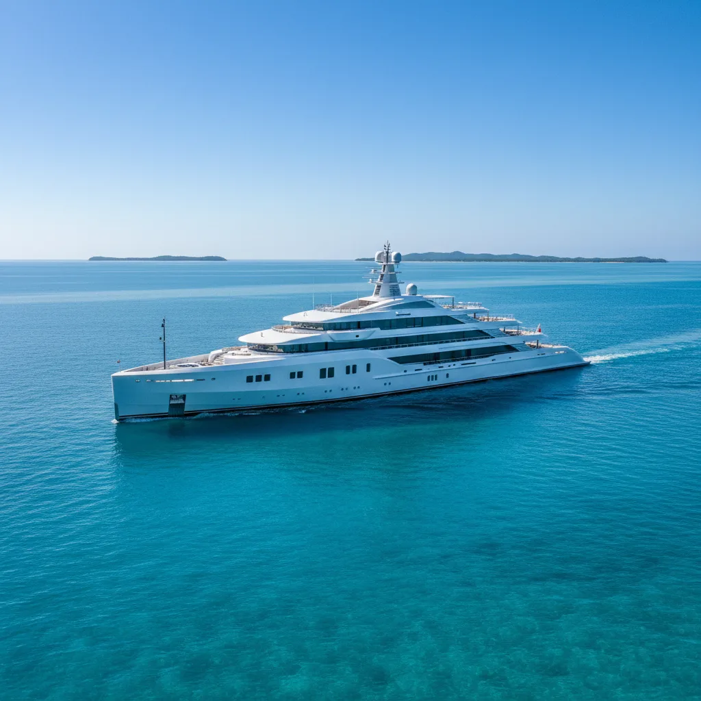 Le colossal superyacht Azzam naviguant sur des eaux calmes et claires.